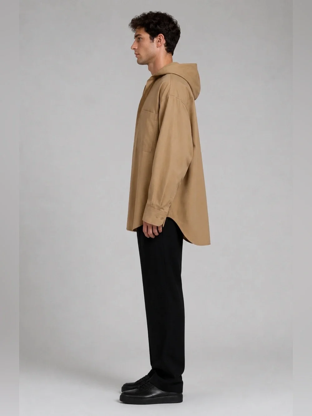 Comeforbreakfast Hooded Oversized Shirt Men’s Large Sand Cotton Drill Shacket